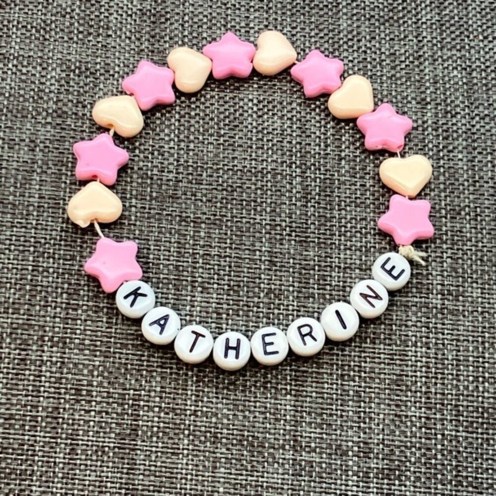 KATHERINE Beaded Stretch Bracelet 5.5 In Kids Pink Stars Peach Hearts Handmade